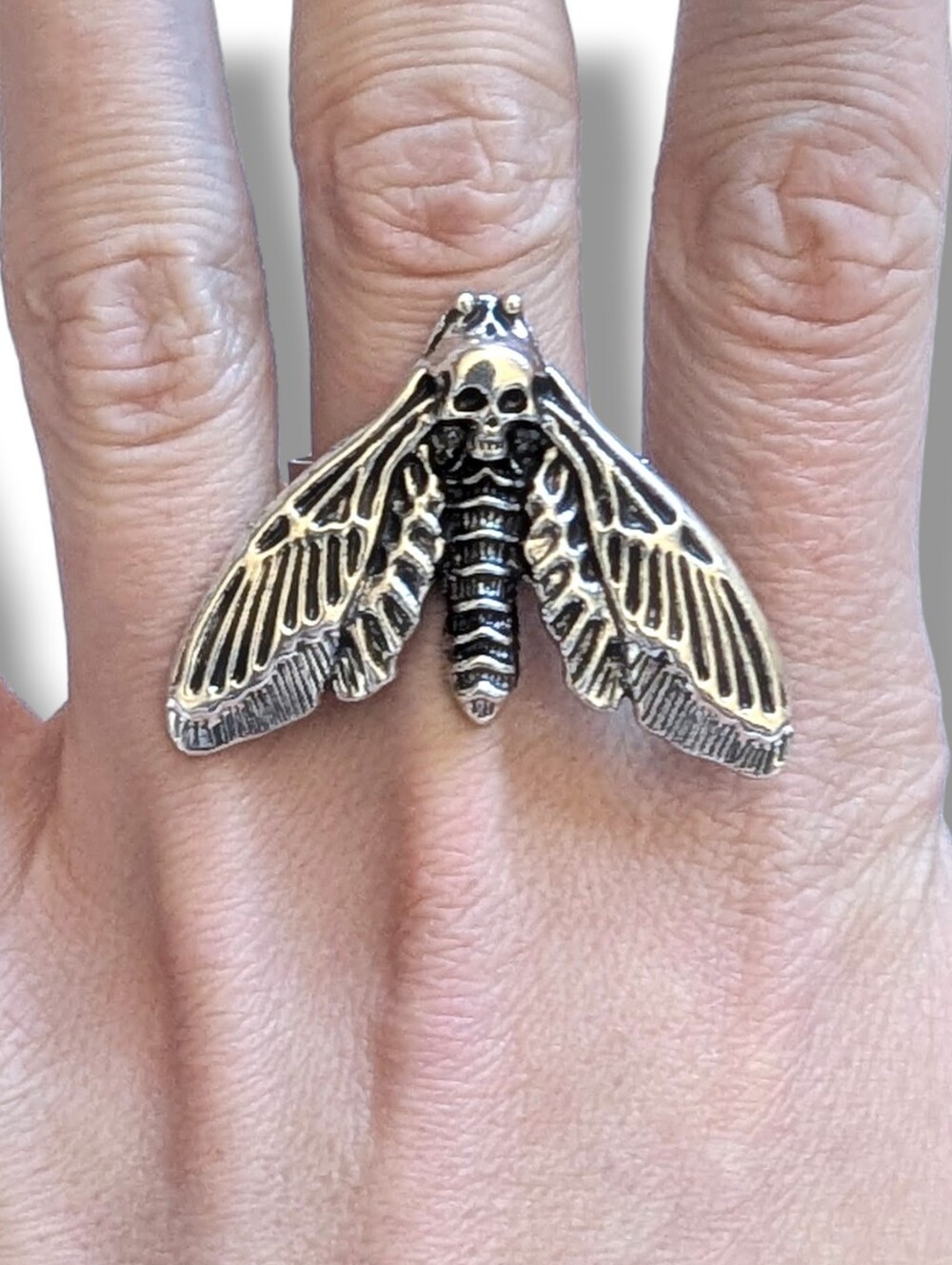 NWT Large Silver Death Moth Ring Adjustable Size